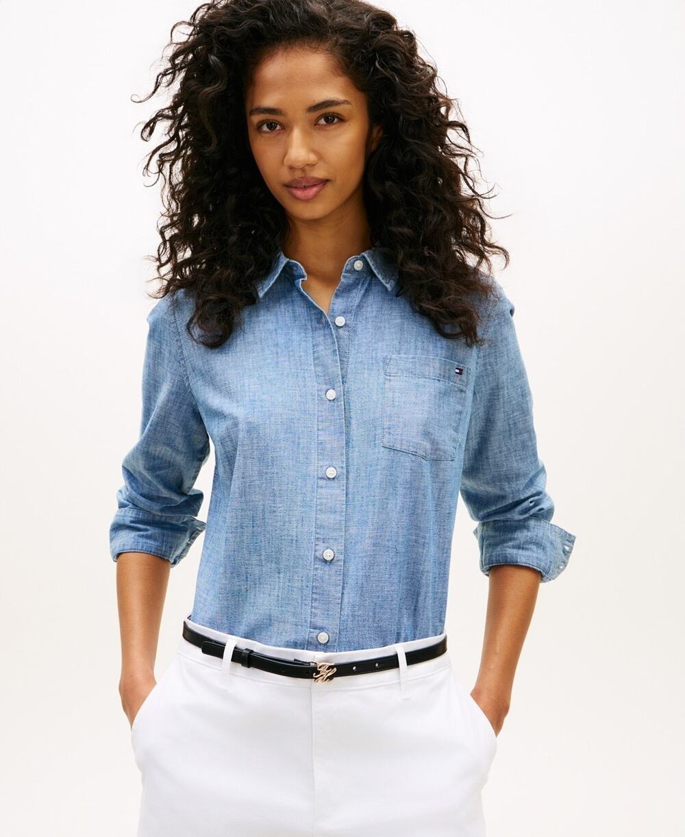 Tommy Hilfiger Women's Chambray Roll-Tab Long-Sleeve Shirt Size XL 3961